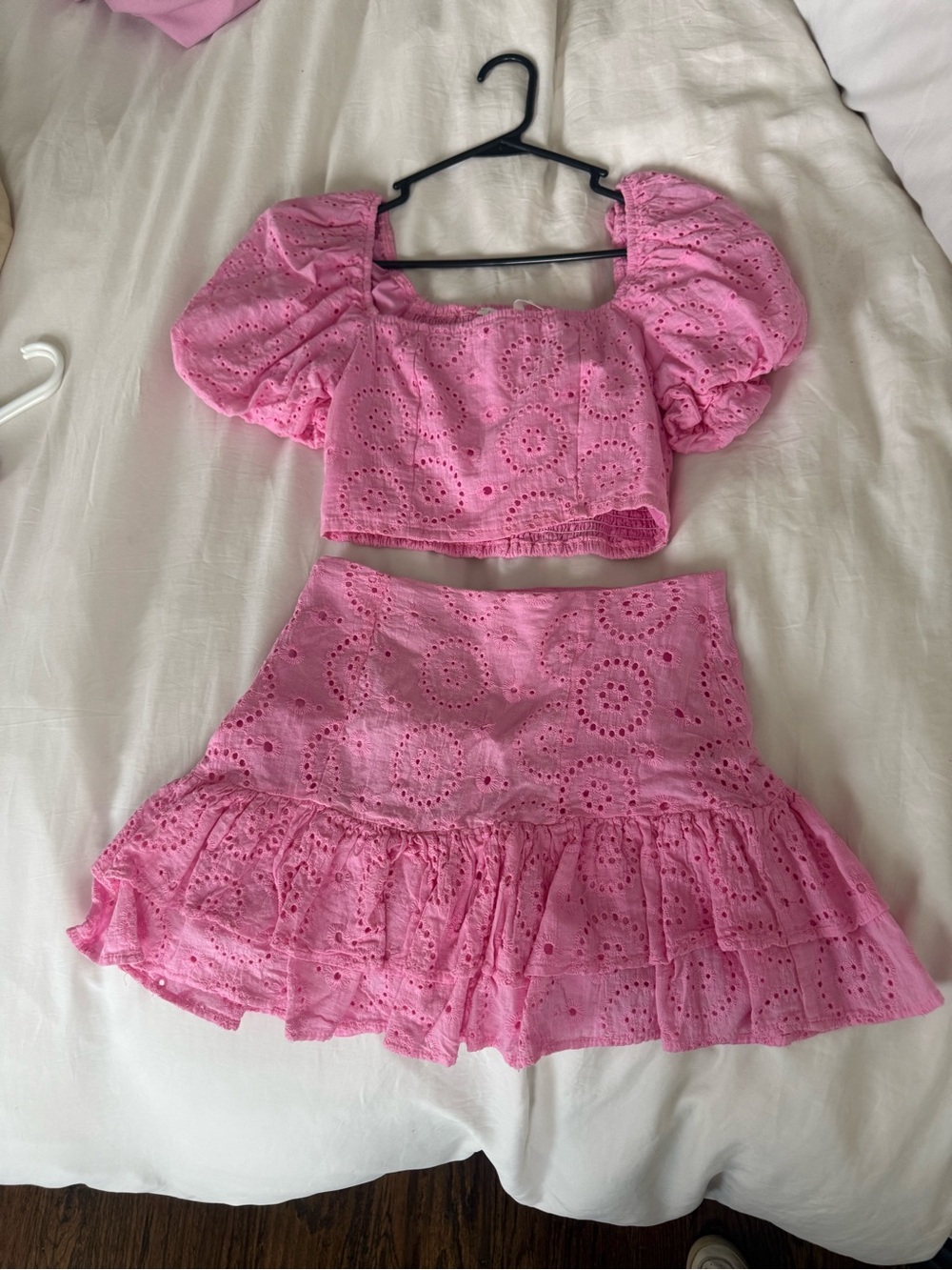 💗 Altar’d State Pink Eyelet Puff Sleeve Crop Top & Ruffle Mini Skirt Set